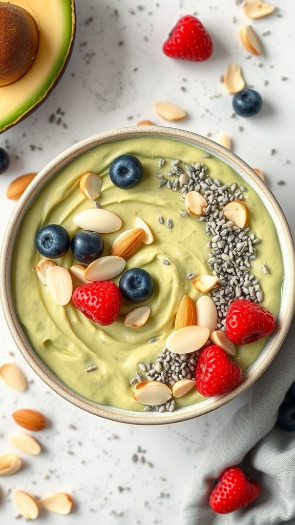 A bowl of creamy avocado chia pudding topped with raspberries, blueberries, and sliced almonds.