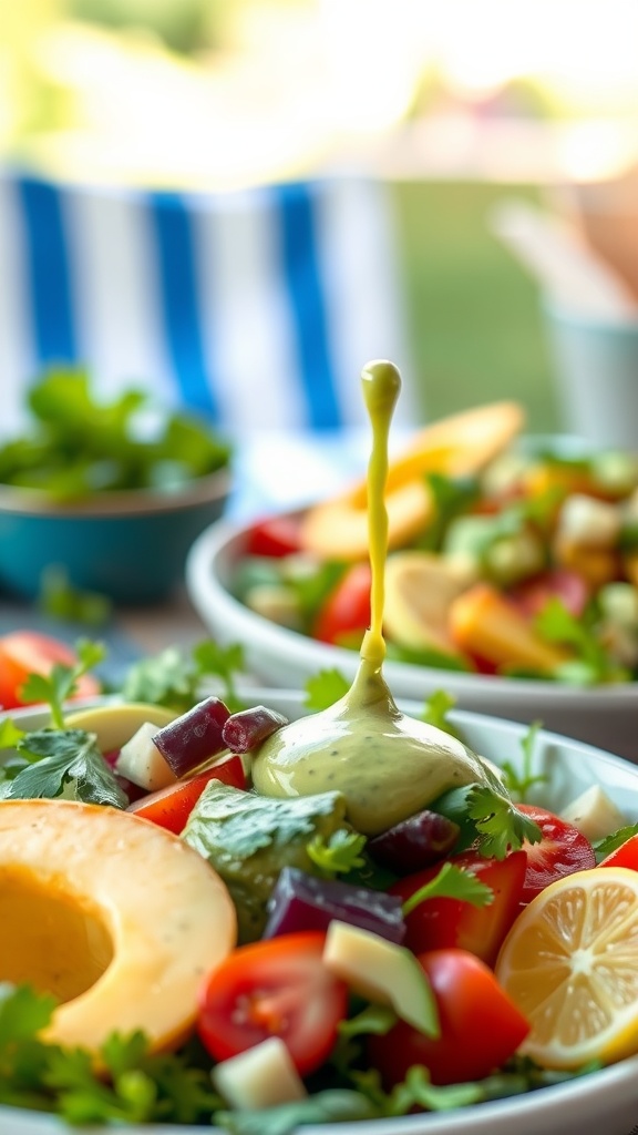 Creamy avocado cilantro dressing drizzling over a colorful salad with tomatoes, melon, and cheese.