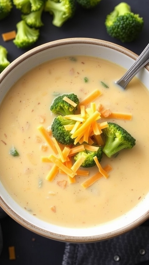 A bowl of creamy broccoli and cheddar soup topped with broccoli florets and shredded cheese.