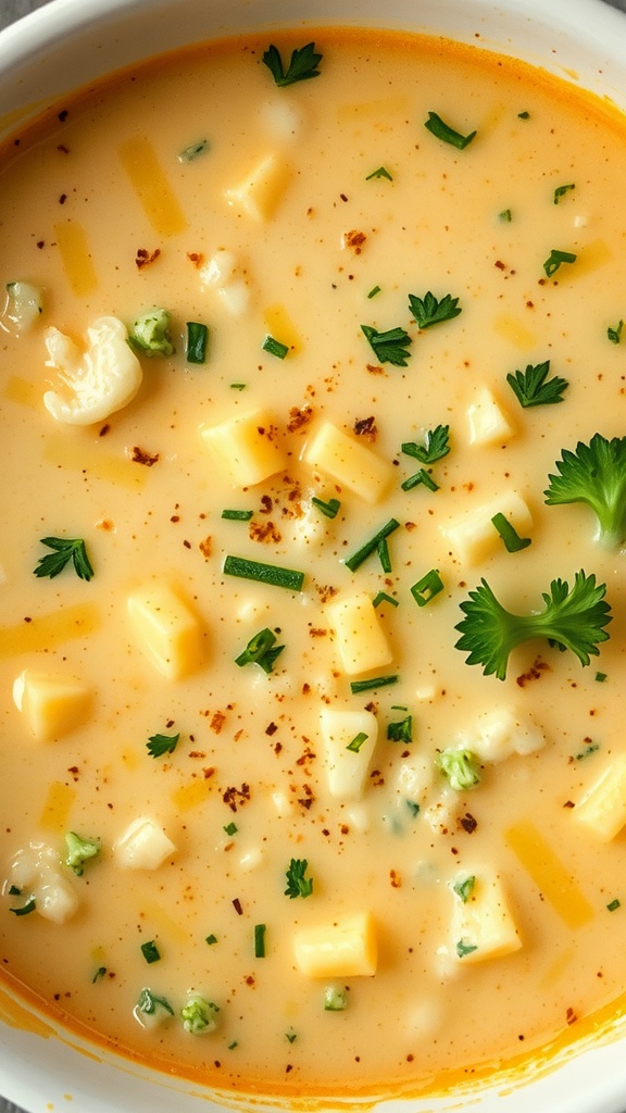 A bowl of creamy broccoli and cheese soup topped with herbs and cubes of cheese.