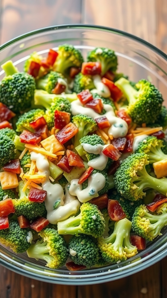 A bowl of creamy broccoli salad with bacon, cheese, and a rich dressing.