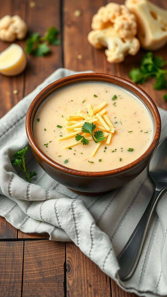 Bowl of creamy cauliflower and cheese soup garnished with cheese and herbs