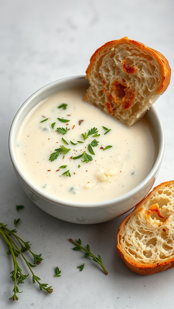 A bowl of creamy cauliflower chowder with a slice of bread on the side and herbs sprinkled on top.