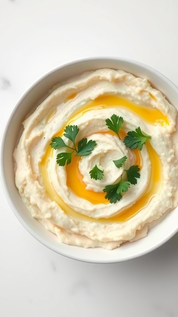 A bowl of creamy cauliflower mash swirled with olive oil and garnished with fresh herbs.