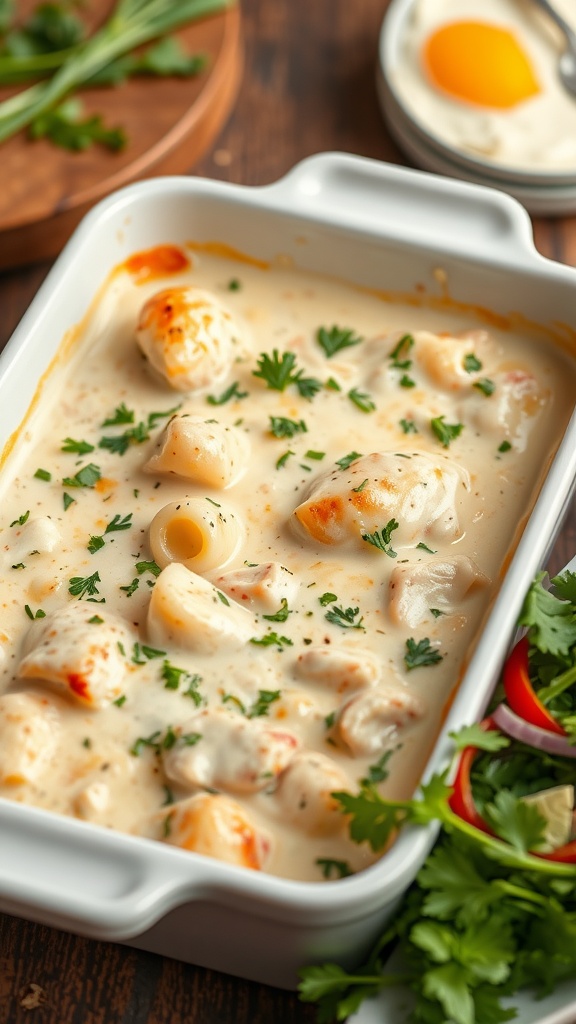 A delicious creamy chicken Alfredo bake topped with parsley, served in a baking dish.