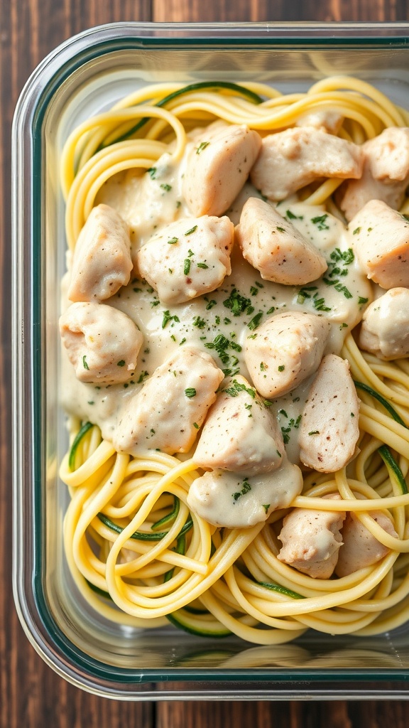 A container of creamy chicken alfredo with zoodles, featuring pieces of chicken and a creamy sauce over yellow noodles and green zucchini ribbons.