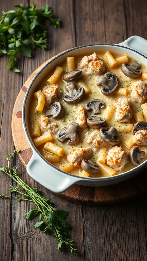 Creamy chicken and mushroom casserole with pasta and herbs