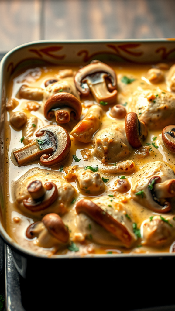 A close-up of creamy chicken and mushroom casserole with sliced mushrooms in a rich sauce.