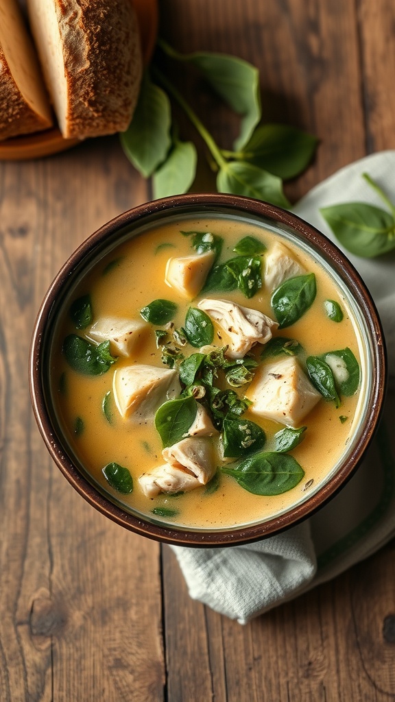 A bowl of creamy chicken and spinach soup with chunks of chicken and fresh spinach leaves.