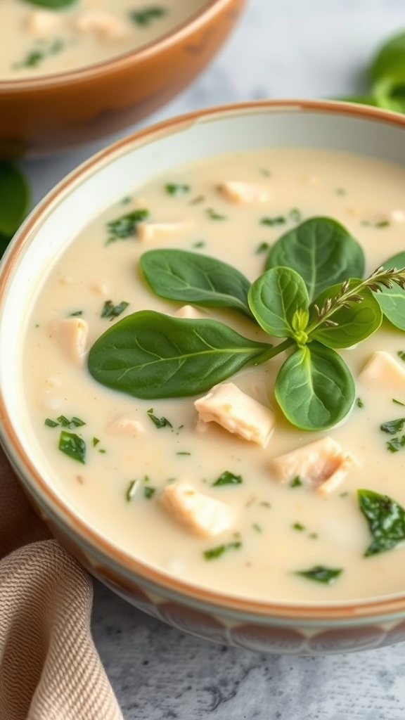 A bowl of creamy chicken and spinach soup garnished with spinach leaves