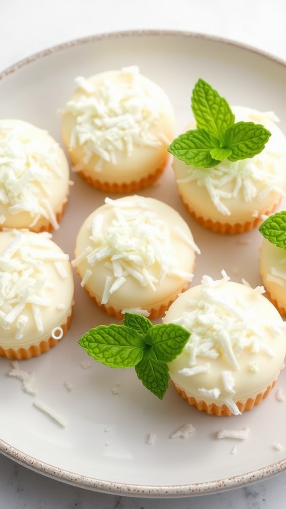 Plate of creamy coconut cheesecake bites topped with shredded coconut and mint leaves.