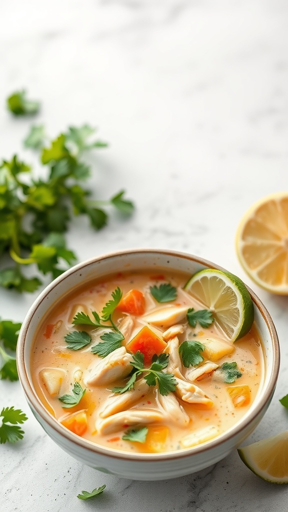 A bowl of creamy coconut chicken soup with cilantro and lime slices on the side.