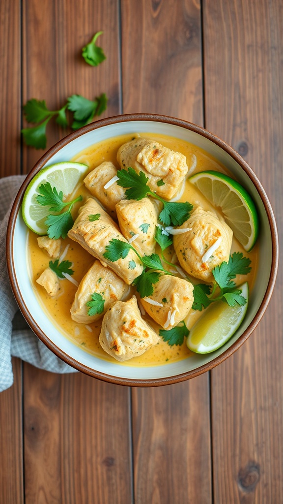 A bowl of creamy coconut curry chicken garnished with cilantro and lime slices.