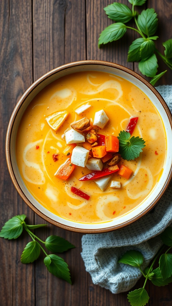 A bowl of creamy coconut curry soup topped with colorful vegetables.