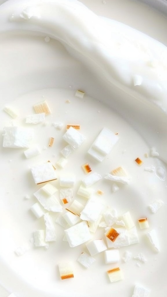 A close-up view of creamy coconut flakes sprinkled over yogurt.