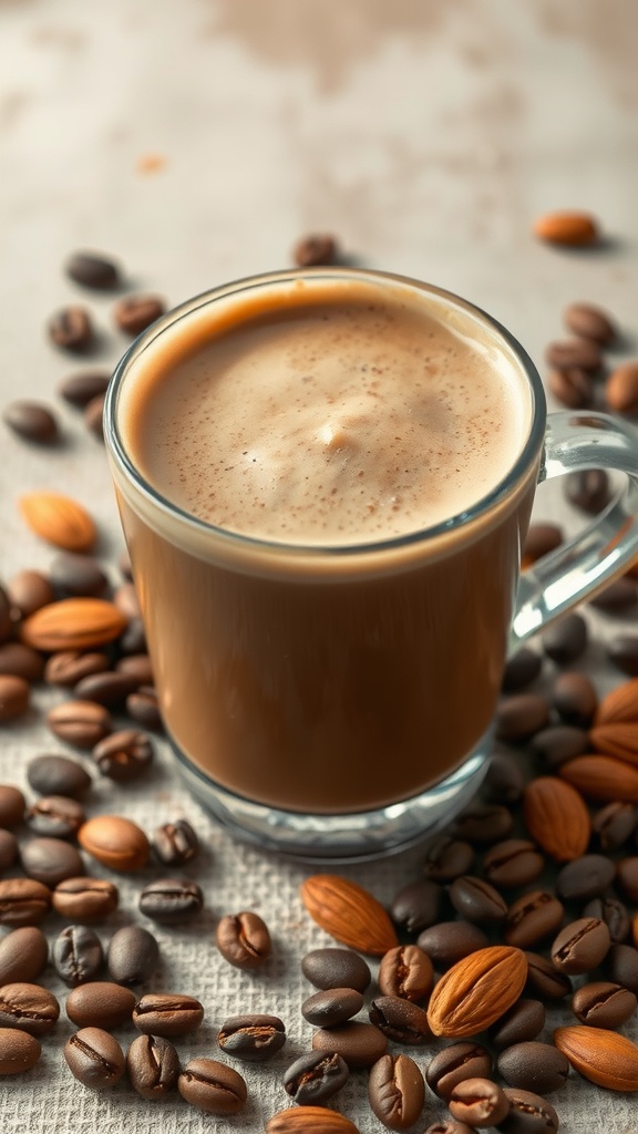 A glass of creamy coffee almond smoothie surrounded by coffee beans and almonds.