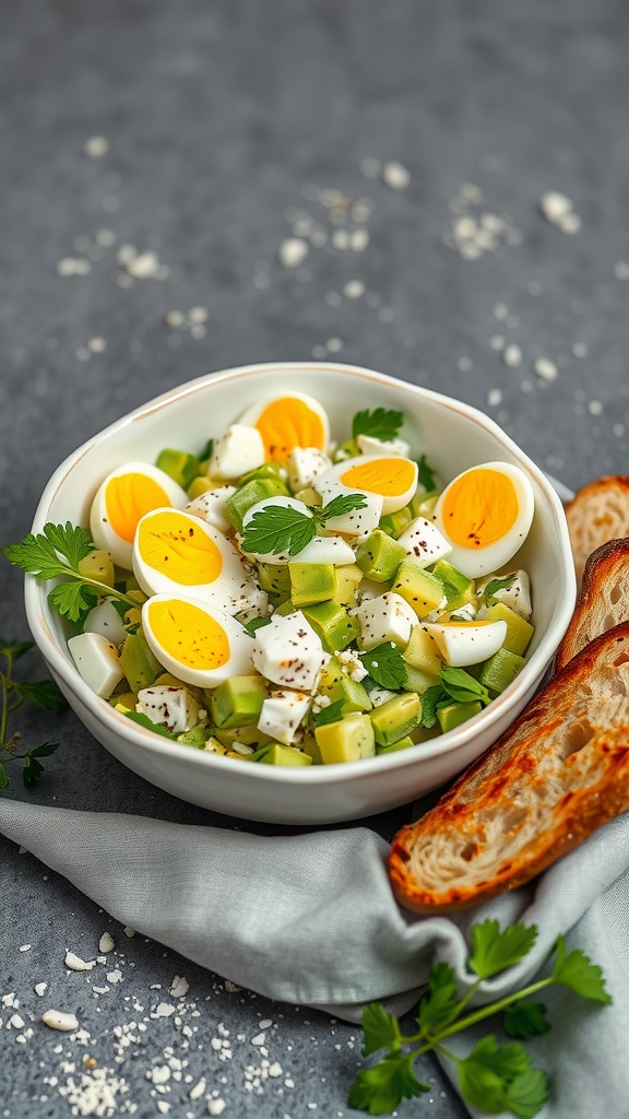 A bowl of creamy egg and avocado salad with sliced hard-boiled eggs and herbs.