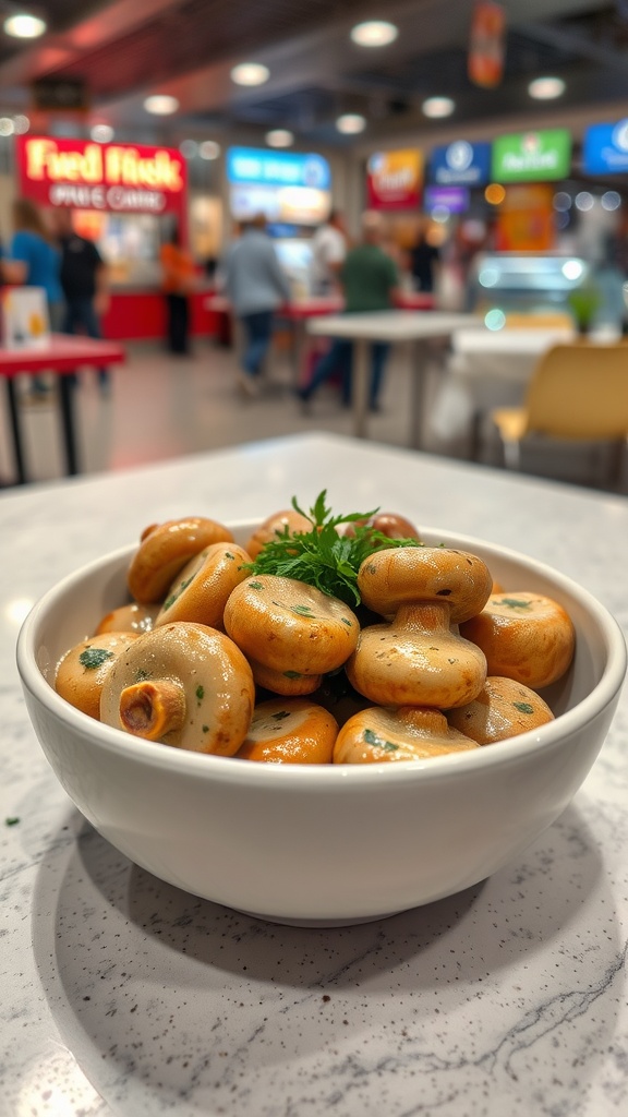 A bowl of creamy garlic butter mushrooms served at a food court.