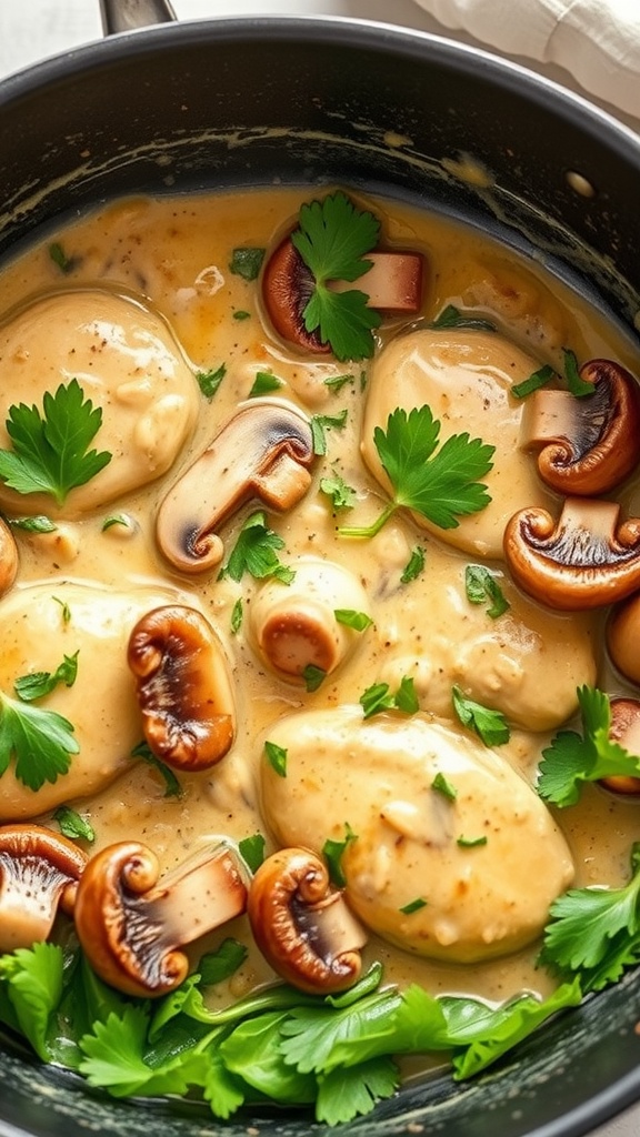 A pot of creamy garlic mushroom chicken with parsley garnished on top.