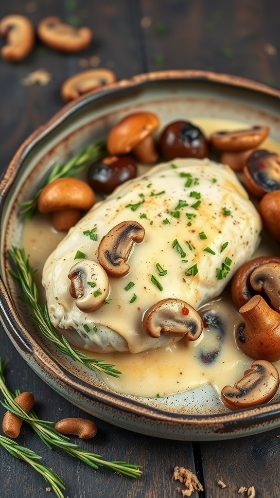 Plate of creamy garlic mushroom chicken with mushrooms and herbs