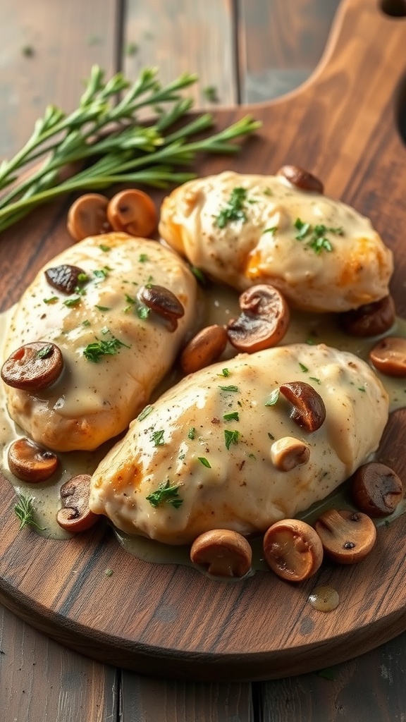 Three pieces of creamy garlic mushroom chicken on a wooden board, garnished with mushrooms and herbs.