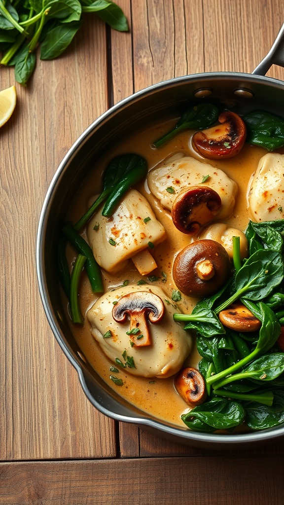 A skillet with creamy garlic mushroom chicken, featuring chicken breasts, mushrooms, and green spinach in a sauce