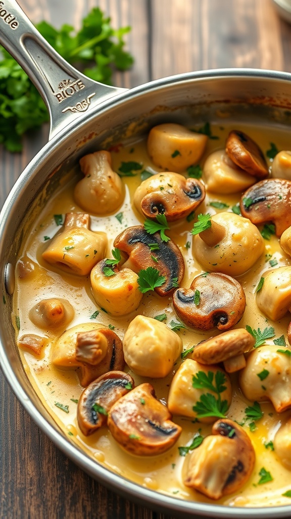 A pan filled with creamy garlic mushroom chicken, featuring various mushrooms and garnished with parsley.