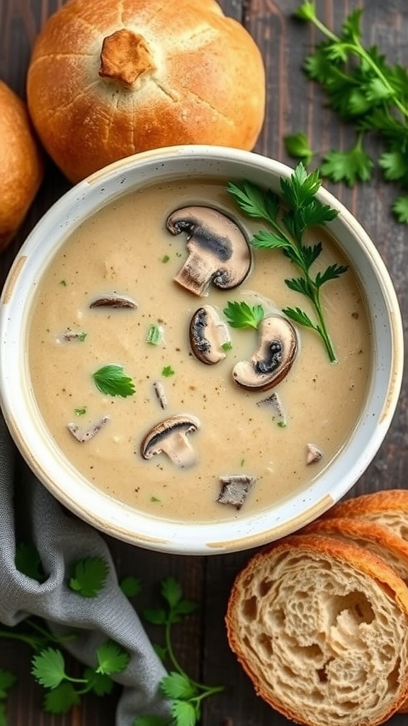 A bowl of creamy garlic mushroom soup with mushrooms and cilantro, accompanied by rolls.