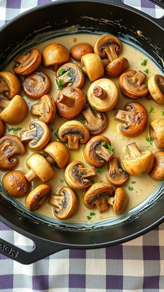 A pan filled with creamy garlic mushrooms on a checkered tablecloth.