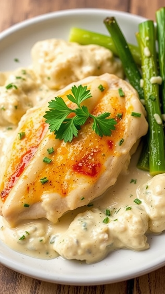 A plate of creamy garlic parmesan chicken with green beans