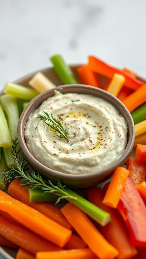 A creamy garlic parmesan dip in a bowl surrounded by colorful vegetable sticks.