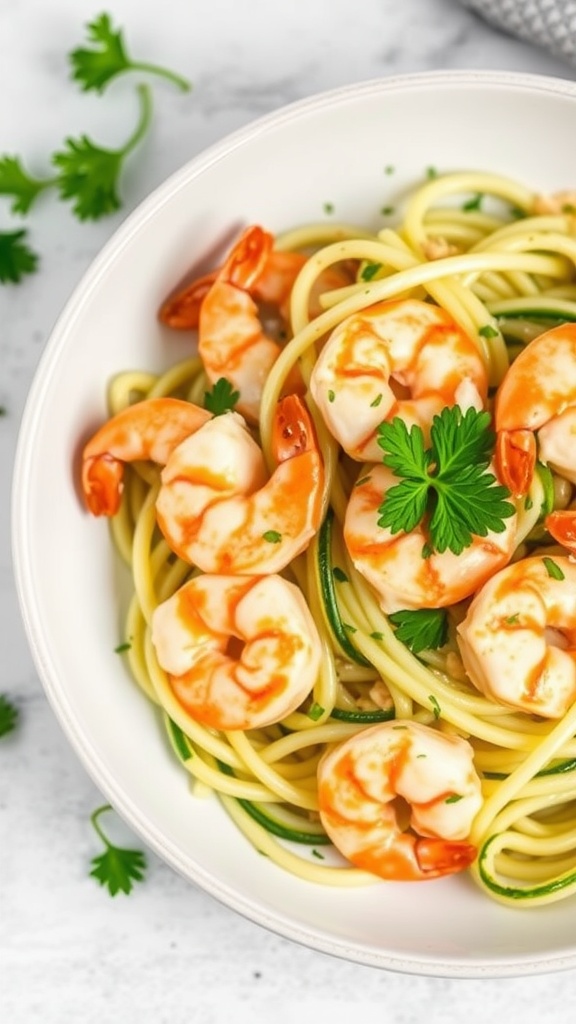 A bowl of creamy garlic shrimp with zucchini noodles, garnished with parsley.