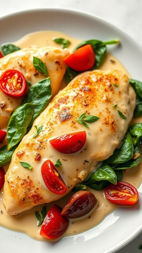 A plate of creamy garlic Tuscan chicken with spinach and cherry tomatoes.