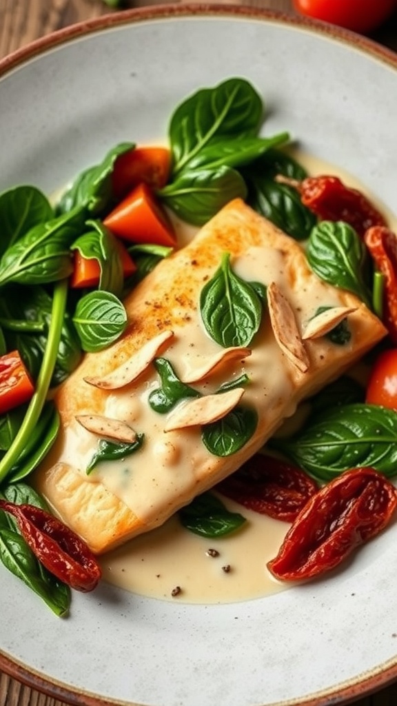 Plate of creamy garlic Tuscan salmon with spinach and sun-dried tomatoes