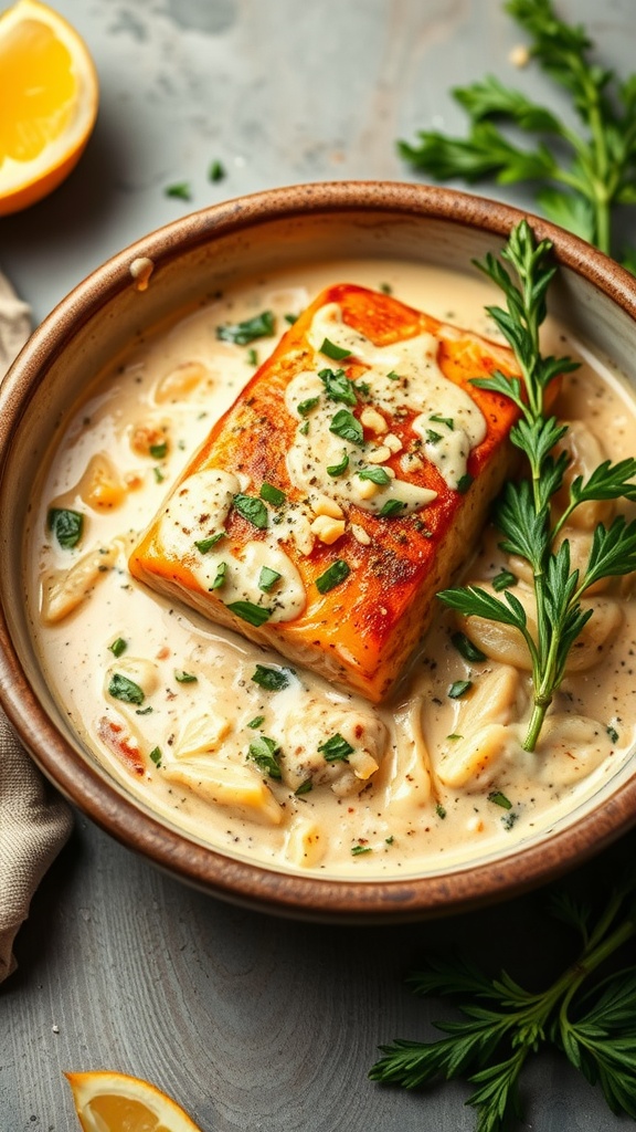 A delicious plate of creamy garlic Tuscan salmon garnished with herbs