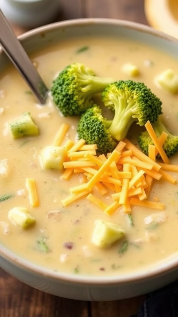 A bowl of creamy keto broccoli cheese soup topped with shredded cheese and broccoli florets.