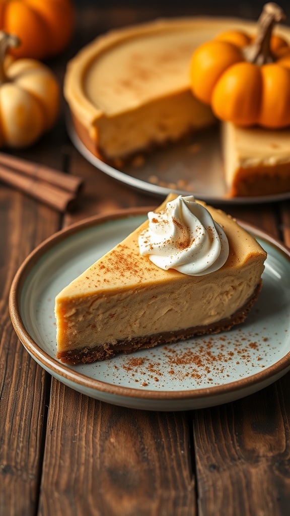 Slice of creamy keto pumpkin cheesecake with whipped cream on a plate, surrounded by pumpkins and cinnamon sticks.