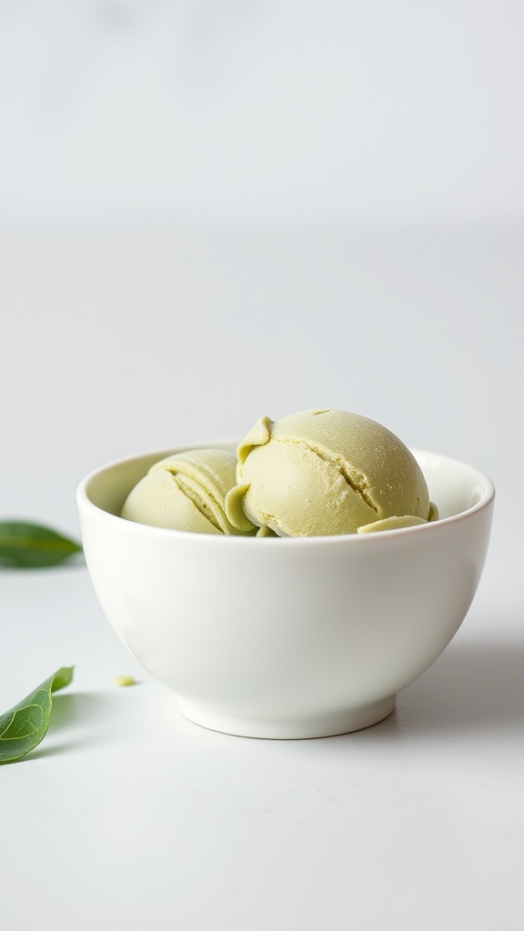 A bowl of creamy matcha green tea ice cream with a light green color.