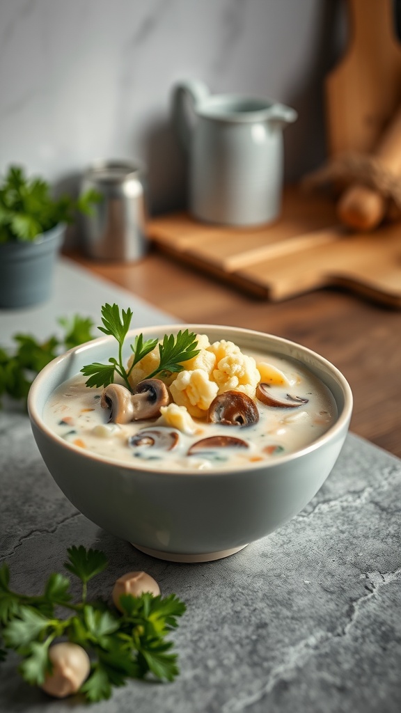 A bowl of creamy mushroom and cauliflower soup garnished with cauliflower florets and parsley.