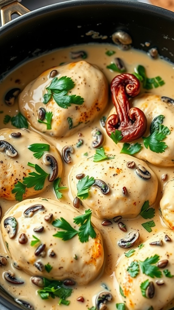 A creamy mushroom and spinach chicken dish in a skillet