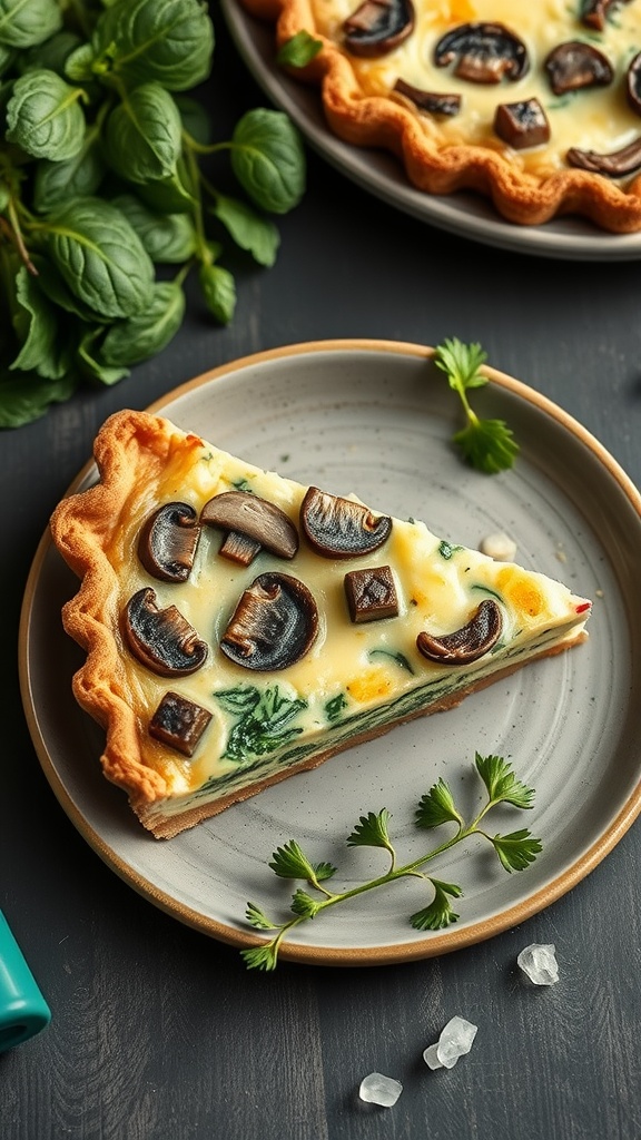 A slice of creamy mushroom and spinach quiche on a gray plate, garnished with herbs.