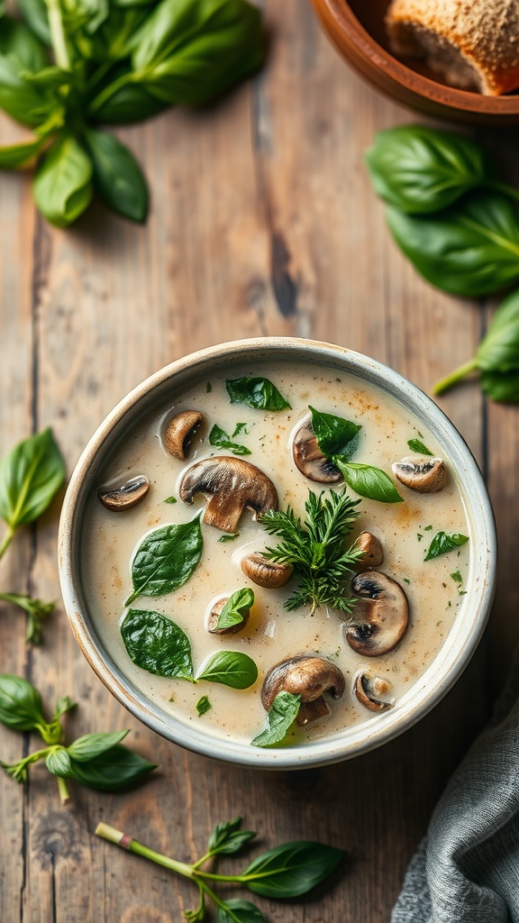 A bowl of creamy mushroom and spinach soup garnished with fresh greens.