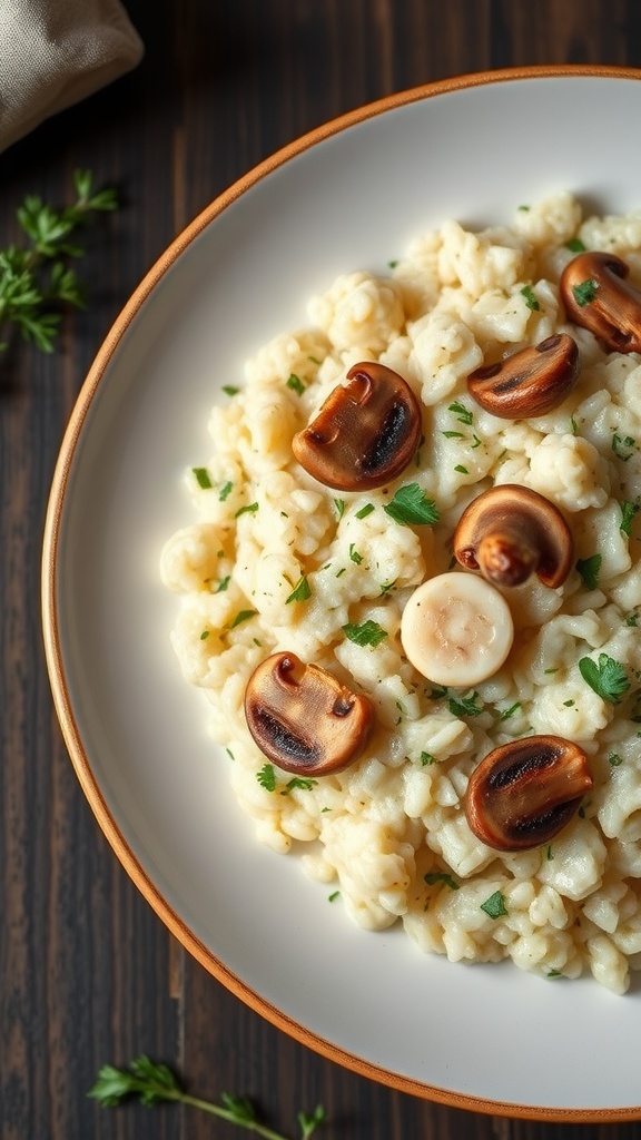 A bowl of creamy mushroom risotto made with cauliflower rice, garnished with mushrooms and parsley.