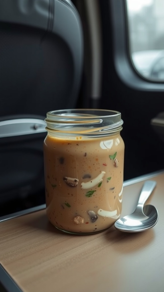 A jar of creamy mushroom soup sits on a table with a spoon beside it, set against a blurred travel background.