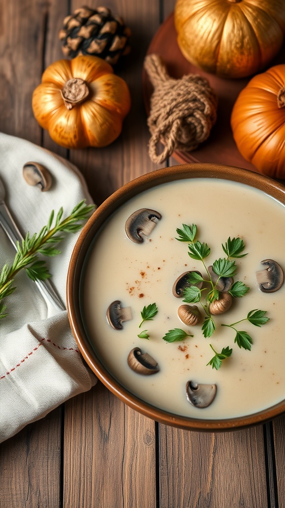 A bowl of creamy mushroom soup garnished with herbs, surrounded by decorative pumpkins and pine cones.