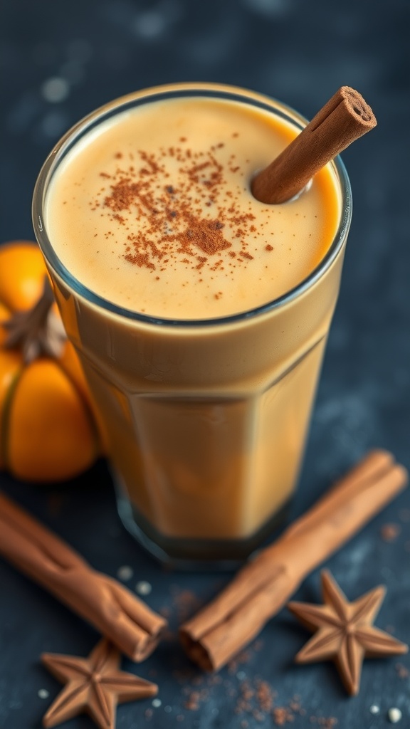 A creamy pumpkin smoothie topped with a sprinkle of cinnamon and surrounded by cinnamon sticks and orange fruits.