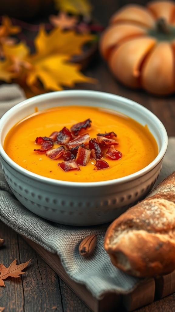 A bowl of creamy pumpkin soup topped with bacon, accompanied by a slice of bread and autumn leaves.