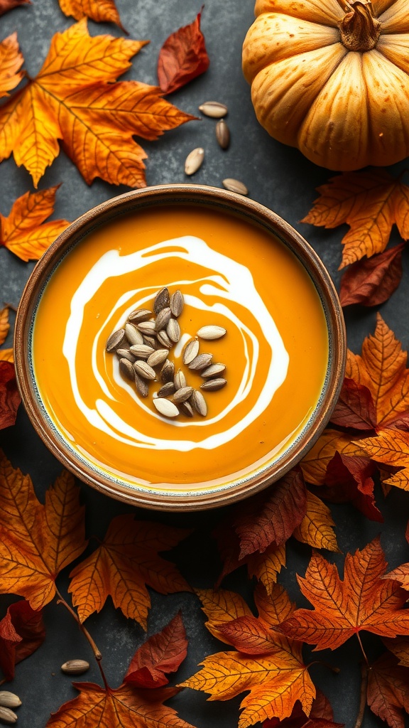 A bowl of creamy pumpkin soup garnished with pumpkin seeds, surrounded by autumn leaves and a small pumpkin.