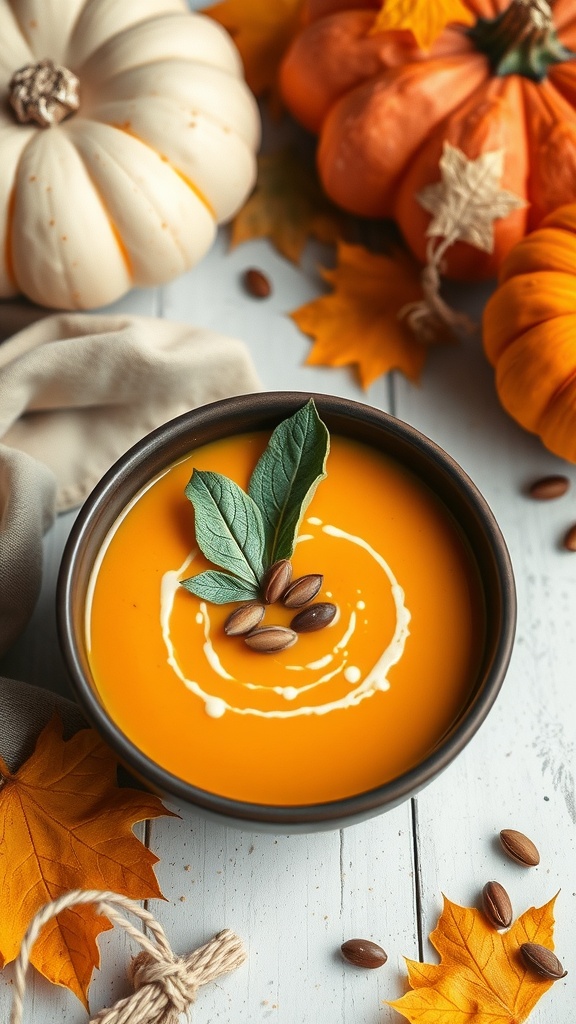 A bowl of creamy pumpkin soup garnished with sage leaves and pumpkin seeds, surrounded by autumn leaves and pumpkins.