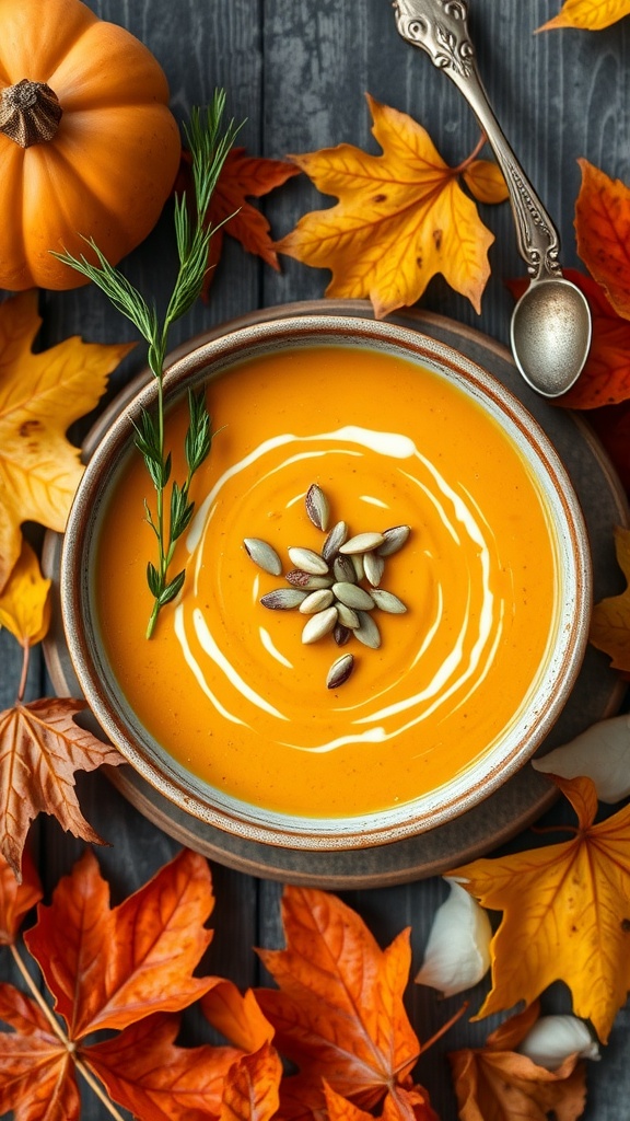 A bowl of creamy pumpkin spice soup garnished with seeds and surrounded by autumn leaves and a pumpkin.